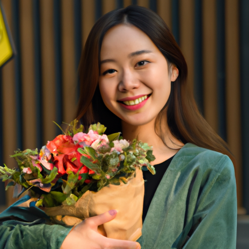 תמונה של אישה מחייכת ומחזיקה זר פרחים
