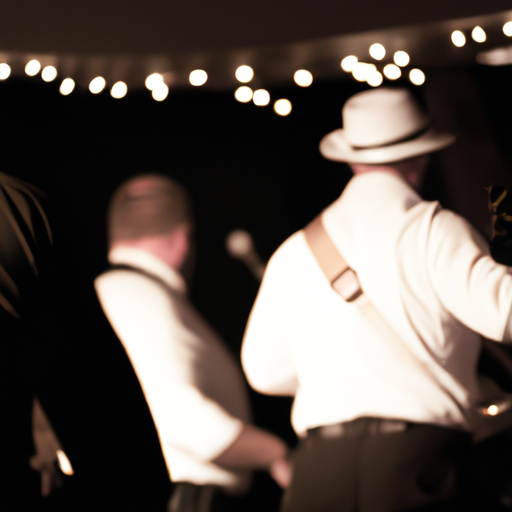 להקה חיה בהופעה בחתונה, כשהאורחים רוקדים ונהנים מהמוזיקה.