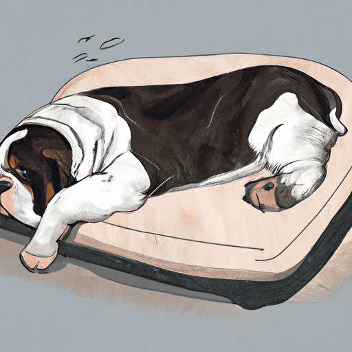 כלב גדול השתרע על מיטה קטנה מדי, נראה לא נוח